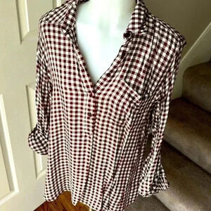 Size M Cosmic Blue Love burnt red checker down blouse